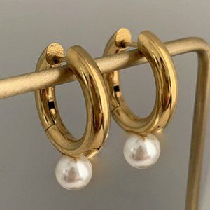 #NEW 925 Sterling Silver Pearl Drop Round Hoop Earrings